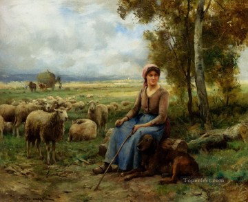  Shepherd Oil Painting - Dupre Julien Shepherdess Watching Over Her flock